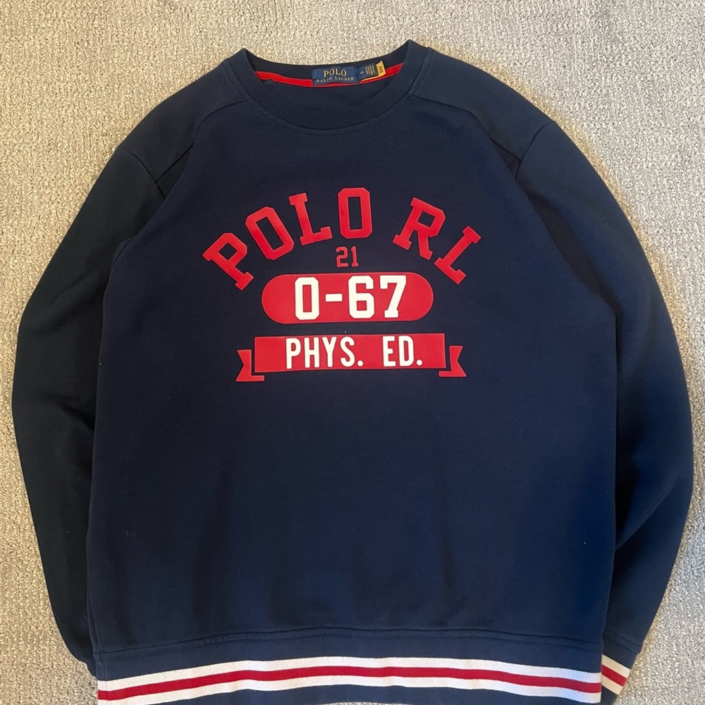 Polo by Ralph Lauren Men's Retro Navy and Red Crewneck Sweater